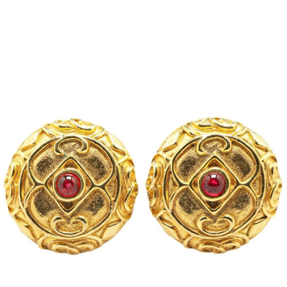 CHANEL Red Rhinestone Round Clip-On Earrings Gold Tone Auth #4678 - Picture 2 of 4